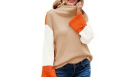 SAUKOLE Women’s Turtleneck Color Block Casual Long Chunky Knitted Pullover