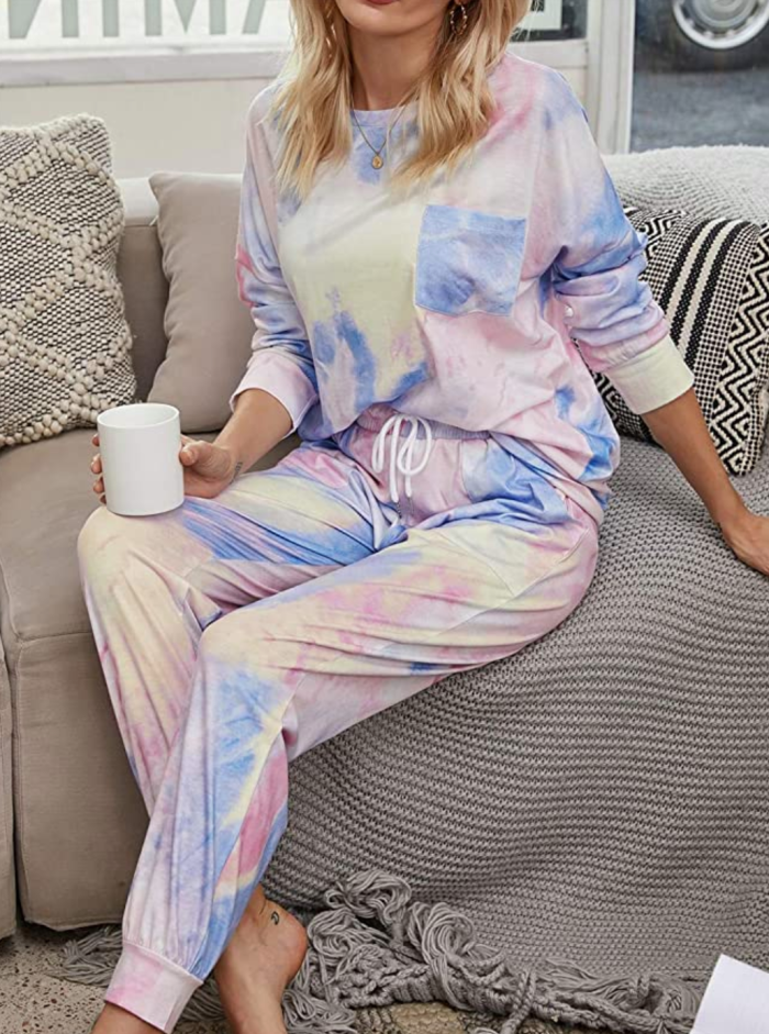 Kaowee Women's 2 Piece Tie Dye Printed Long Top and Pants Pajamas Set