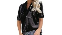 Niitawm Womens V Neck Button Down Short Sleeve Casual Blouse