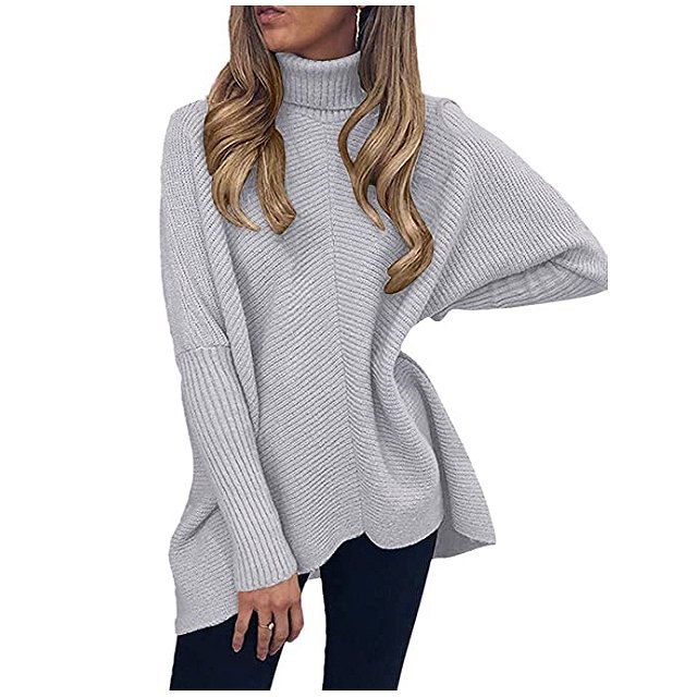 ANRABESS Women's Turtleneck Long Batwing Sleeve Asymmetric Hem Sweater (Grey)