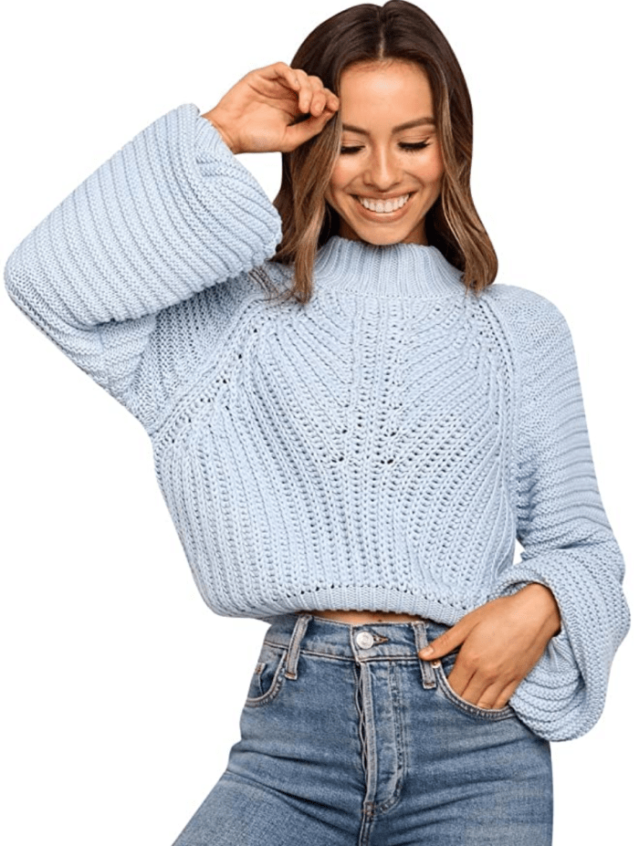 Miessial Women's Cable Knit Lantern Sleeve Sweater (Blue)