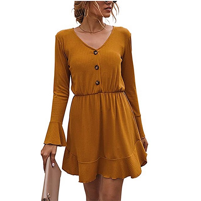 FANVOOK Women's 2020 Long Sleeve Button Down Dress (Yellow)