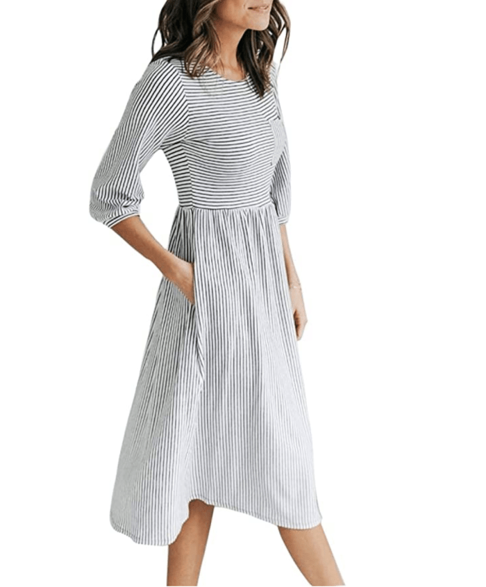 MEROKEETY Women's 3:4 Balloon Sleeve Striped High Waist T Shirt Midi Dress with Pockets