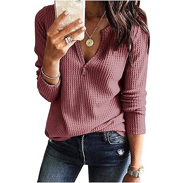 Farktop Women's V Neck Waffle Knit Henley Top (Brick Red)