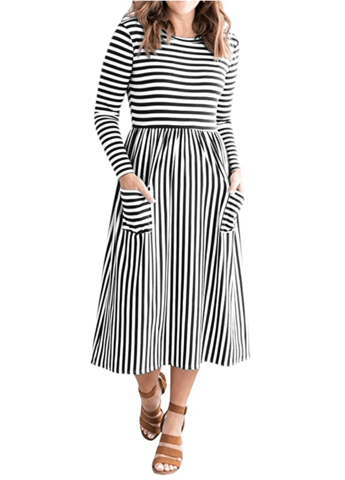 MEROKEETY Women's 3:4 Balloon Sleeve Striped High Waist T Shirt Midi Dress with Pockets 