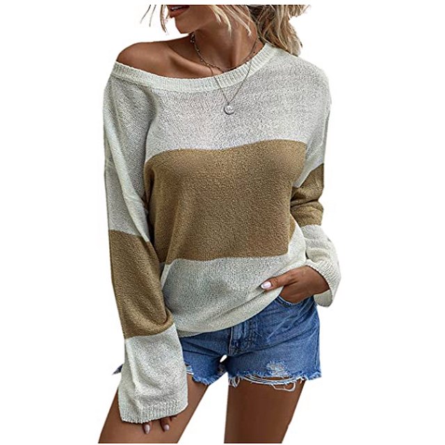 Angashion Women's Color Block Long Sleeve Crew Neck Pullover (Khaki)