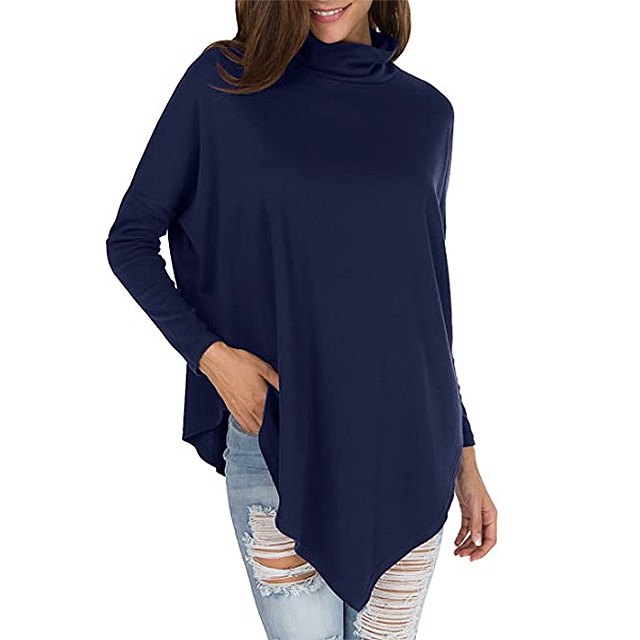 levaca Women's Long Batwing Sleeve Turtleneck Hankerchief Casual Tunic (Deep Blue)