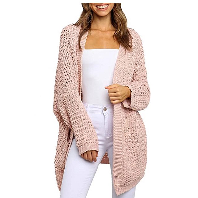 ZESICA Women's Long Batwing Sleeve Open Front Chunky Knit Cardigan (Pink)