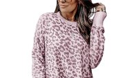 Angashion Casual Leopard Crewneck Tunic Sweatshirt Top