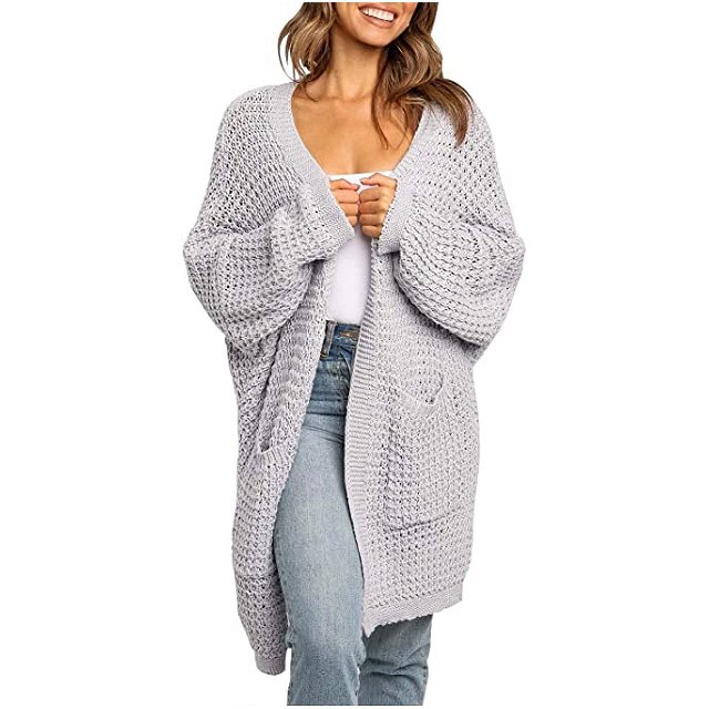 ZESICA Women's Long Batwing Sleeve Open Front Chunky Knit Cardigan (Light Grey)