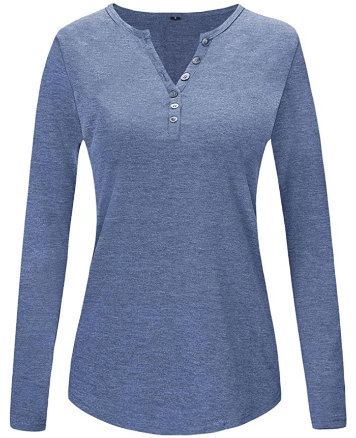 OUGES Women's Long Sleeve V-Neck Button Causal Top (Blue)