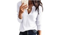 Farktop Women's V Neck Waffle Knit Henley Top