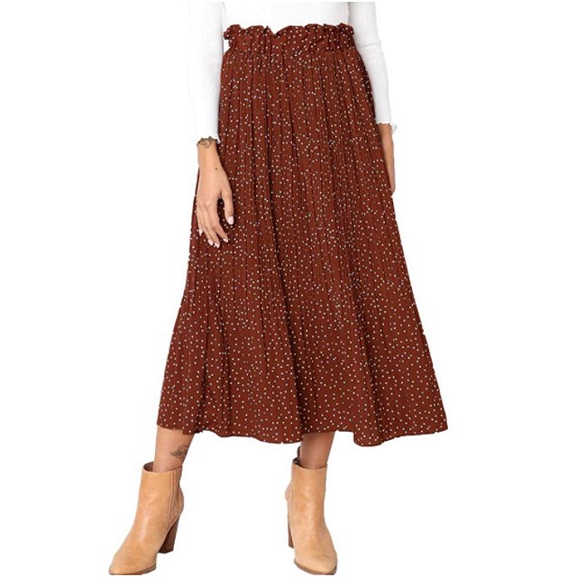 Exlura Women's High Waist Pleated Midi Maxi Swing Skirt with Pockets (Coffee)