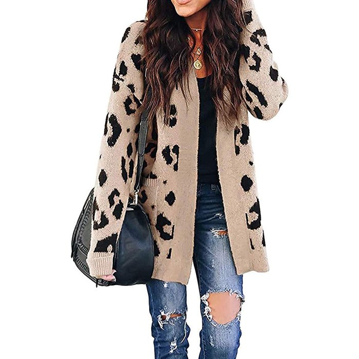 ZESICA long Sleeve Open Front Leopard Print Cardigan