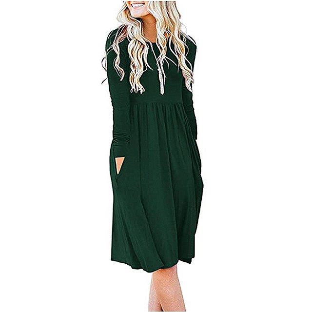 DB MOON Women Casual Long Sleeve Empire Waist Loose Dress with Pockets (Dark Green)