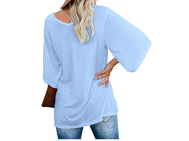 cordat Women's Blouse Tops Loose V Neck 3/4 Bell Sleeve Shirt (Light Blue)