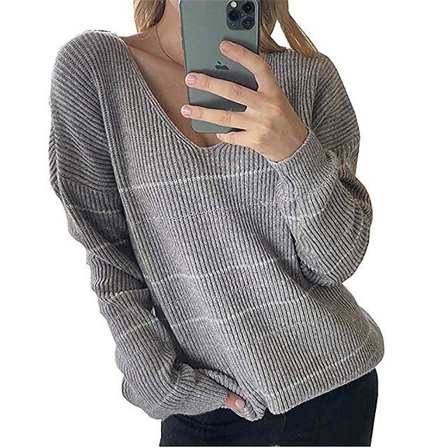 BTFBM Women's Casual Striped Print Slouchy Sweater (Grey)