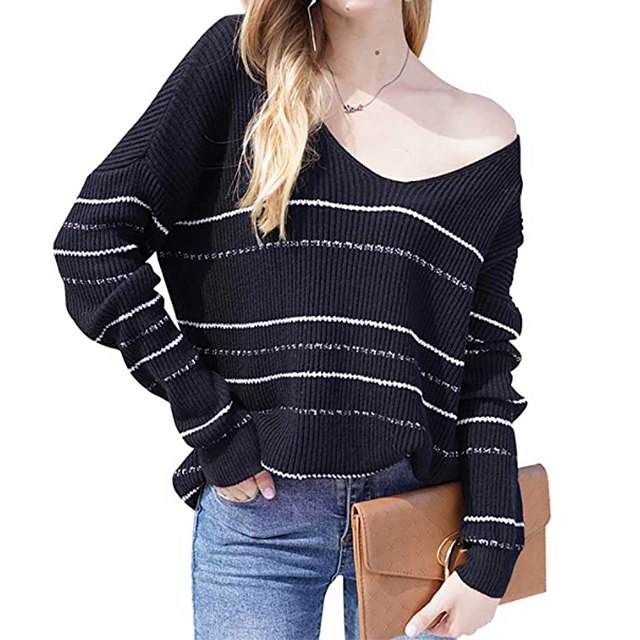 BTFBM Women's Casual Striped Print Slouchy Sweater (Black)