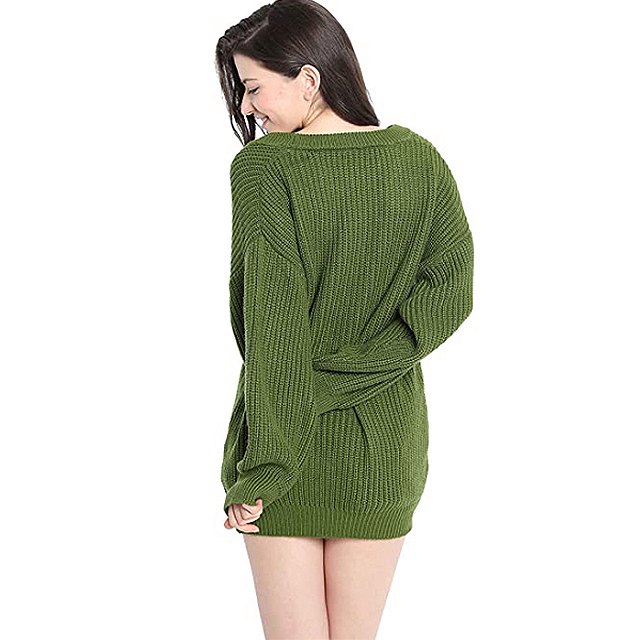 Liny Xin Women's Cashmere Oversized Loose Knitted Crew Neck Sweater (Army Green)