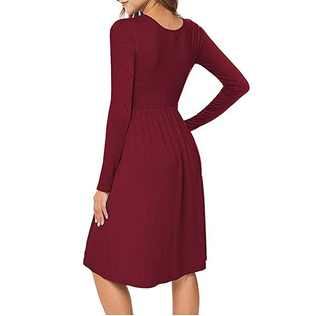  DB MOON Women Casual Long Sleeve Empire Waist Loose Dress with Pockets (Wine Red)