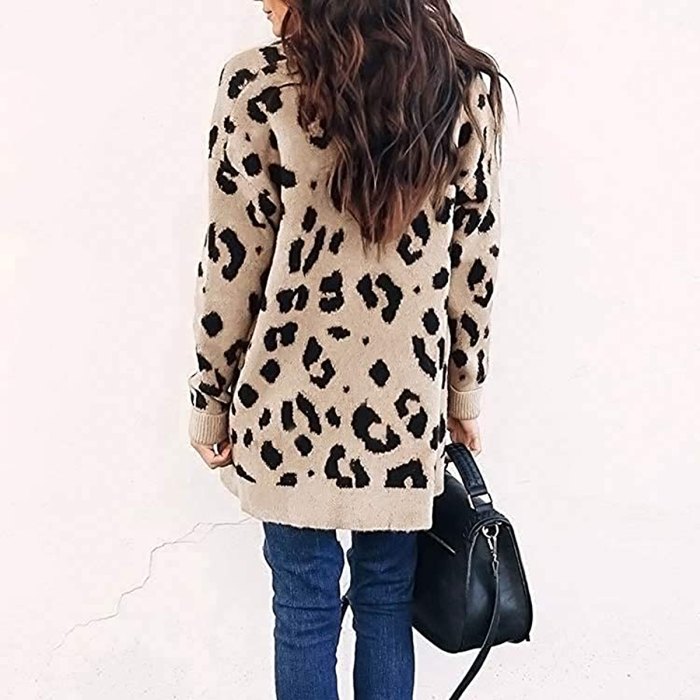 ZESICA long Sleeve Open Front Leopard Print Cardigan