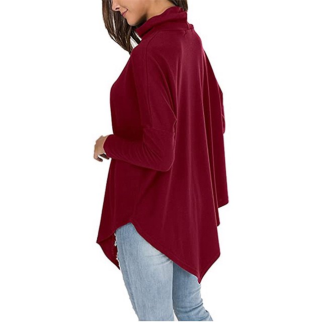 levaca Women's Long Batwing Sleeve Turtleneck Hankerchief Casual Tunic (Wine)