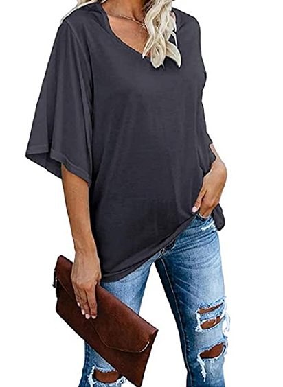 cordat Women's Blouse Tops Loose V Neck 3/4 Bell Sleeve Shirt (Dark Grey)