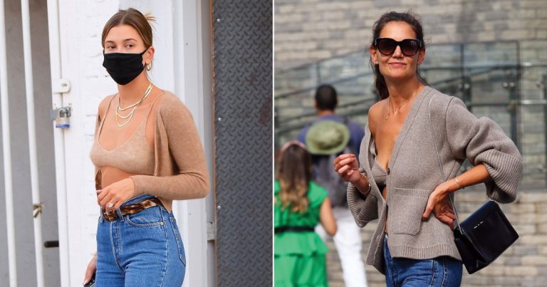 Hailey Baldwin Channels Katie Holmes in Knit Bra and Cardigan: Pics