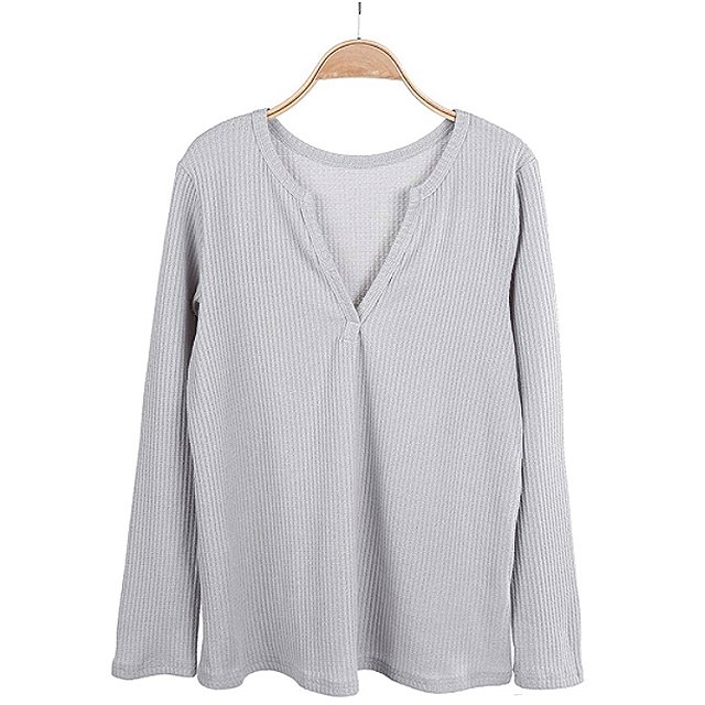 Farktop Women's V Neck Waffle Knit Henley Top (Grey)