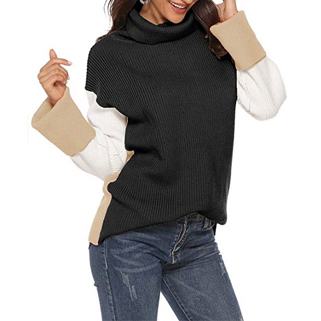 SAUKOLE Women’s Turtleneck Color Block Casual Long Chunky Knitted Pullover (Black)