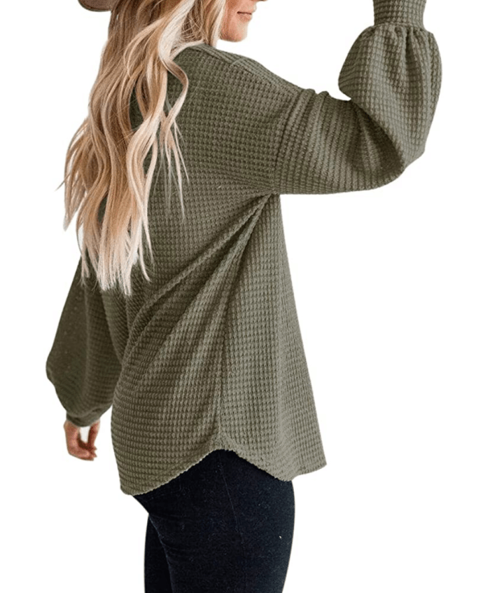 MEROKEETY Women's Long Balloon Sleeve Waffle Knit Top