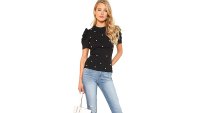 Romwe Women's Elegant Pearl Embellished Puff Short Sleeve Embroidered Blouse