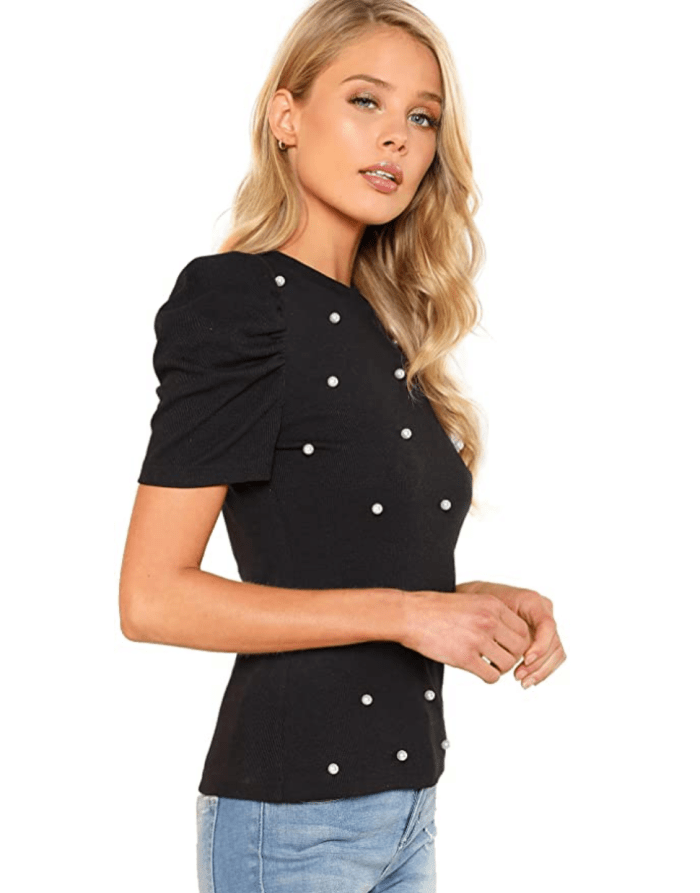 Romwe Women's Elegant Pearl Embellished Puff Short Sleeve Embroidered Blouse