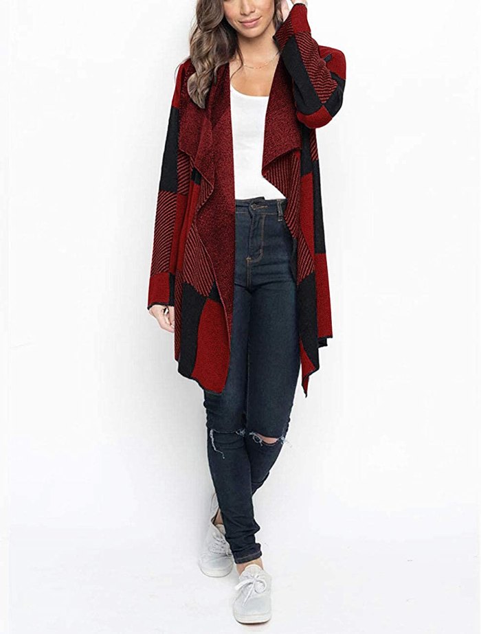 MEROKEETY Plaid Long Sleeve Drape Knit Cardigan