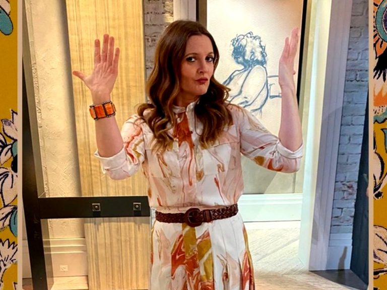 Drew Barrymore Wears Handpainted Geode-Print Skirt And Blouse — See The Look