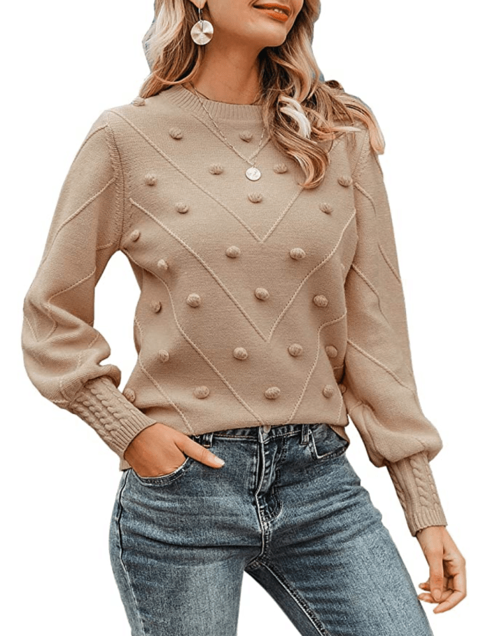 Miessial Women's Crew Neck Lantern Sleeve Sweater