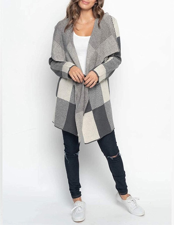 MEROKEETY Plaid Long Sleeve Drape Knit Cardigan