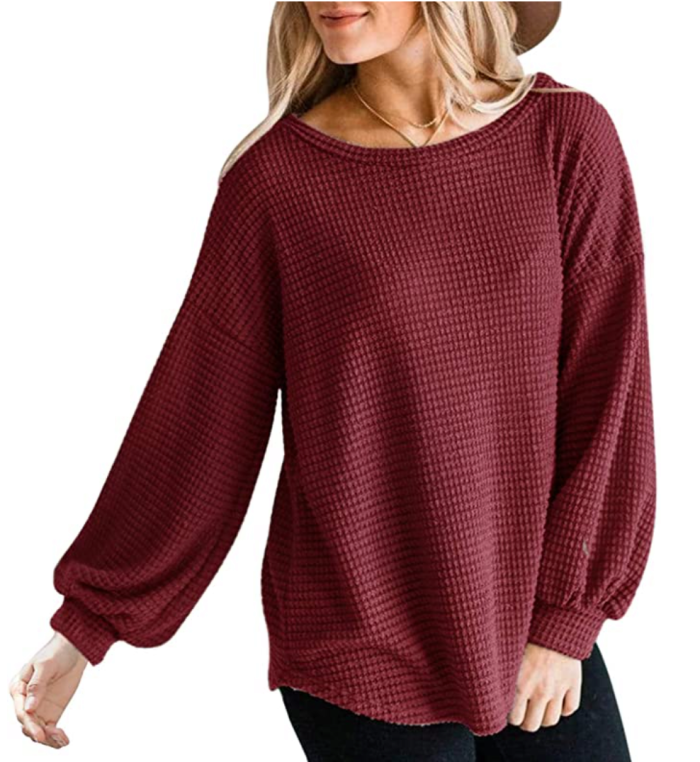 MEROKEETY Women's Long Balloon Sleeve Waffle Knit Top