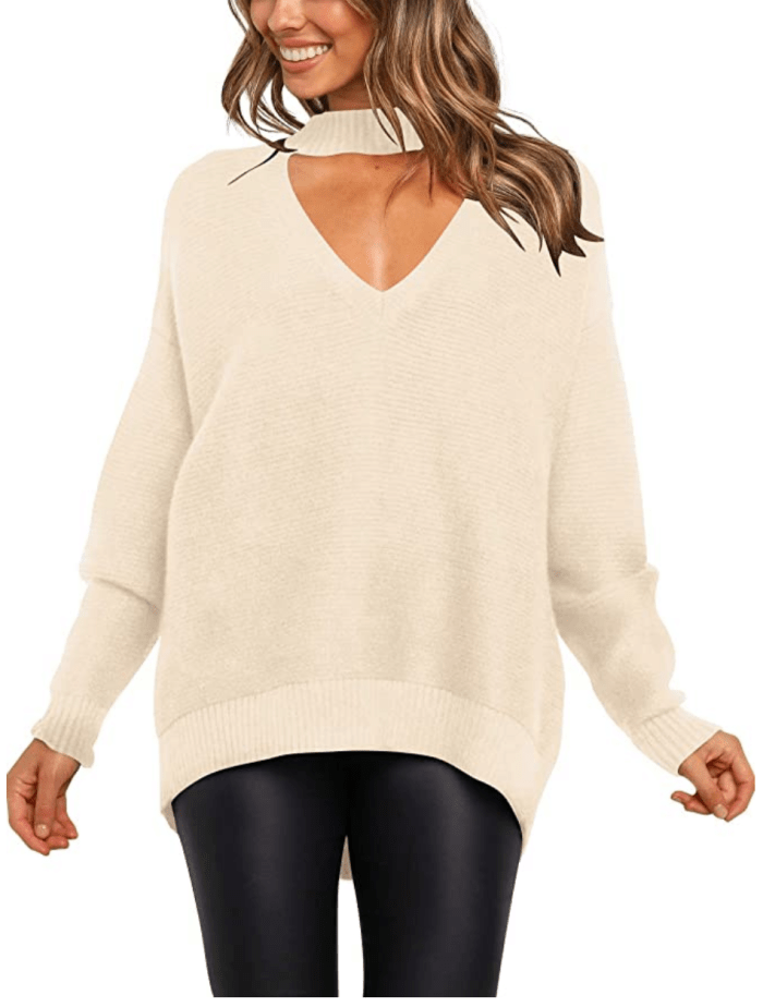 ANRABESS Women's Off Shoulder V Neck High Low Hem Knit Sweater