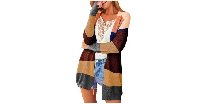 ECOWISH Womens Color Block Striped Draped Kimono Cardigan