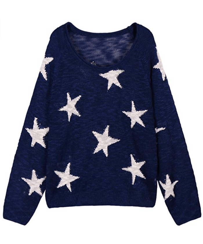 COCOLEGGINGS Women's Boat V Neck Long Sleeve Star Pullover Sweater