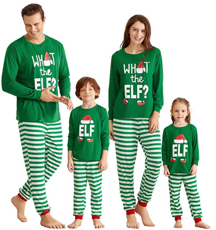 IFFEI Matching Family Christmas Pajamas Sets ELF Tee and Striped Bottom PJ's