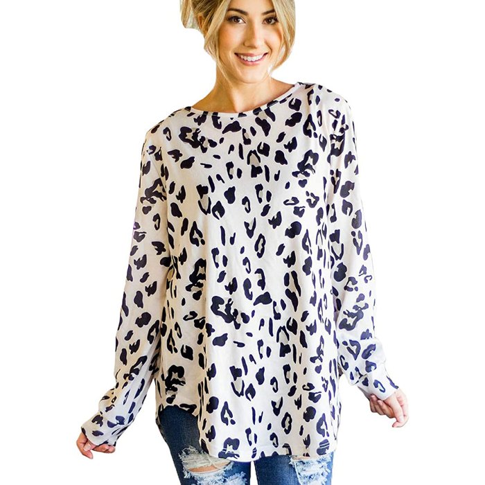 Tickled Teal Long-Sleeve Leopard Loose Top