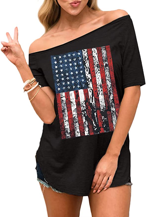 Spadehill Womens July 4th American Flag Off Shoulder Top