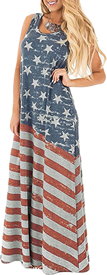 Spadehill Women July 4th American Flag Summer Maxi Dress