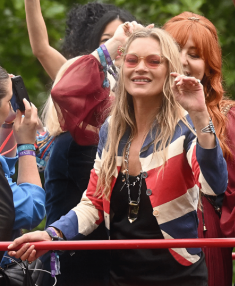 Kate Moss celebrated the Queen’s Platinum Jubilee by wearing a UK flag jacket